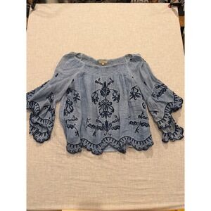 Ruby Yaya Womens Blue Embroidered Off Shoulder Bell Sleeve Boho Blouse Size S